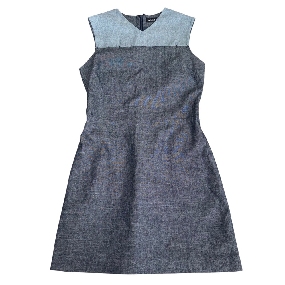 Kate Spade Saturday Dress Panel Embroidery V Neck Sleeveless Blue Cotton Size S